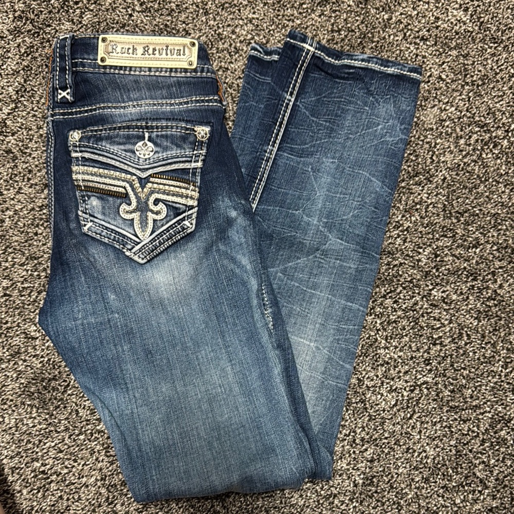 Rock Revival Blue Boot Cut Jeans with Embellished Back
